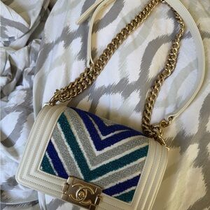 White Shoulder Chanel Boy Bag with Blue & Teal Chevron Accent